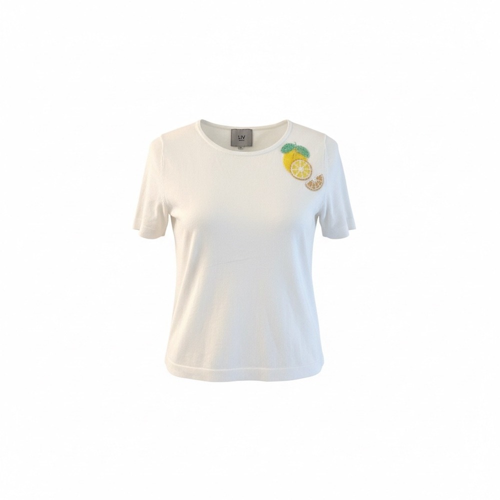 LIV‎ MILANO Women M White S/S Beaded Lemon Applique Sweater Spring Fruit Brunch